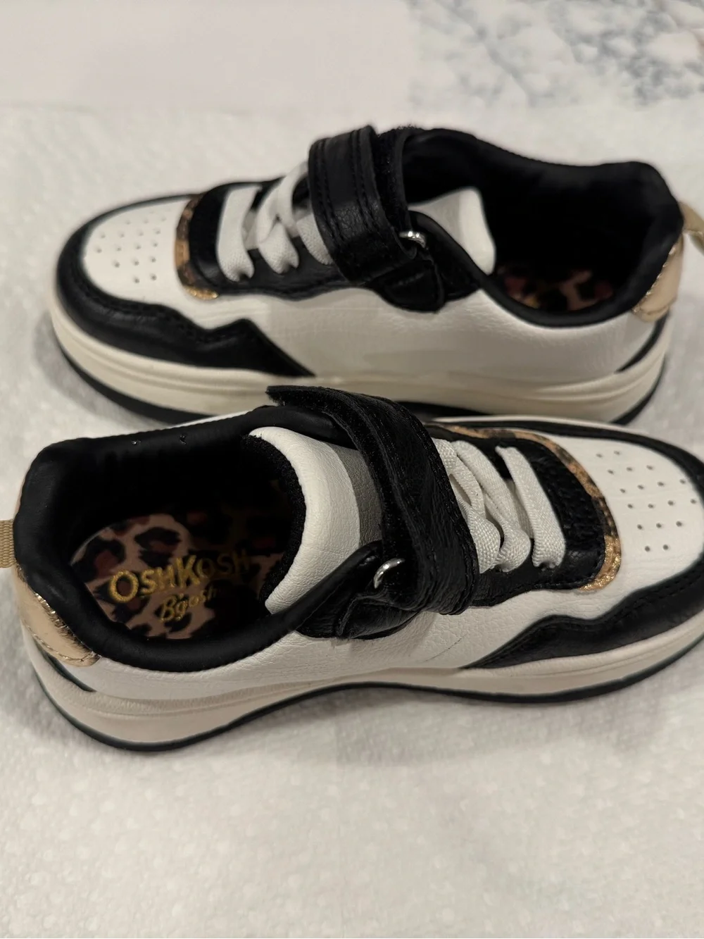Kids Black and White Athletic Sneakers with Leopard Trim NEW
